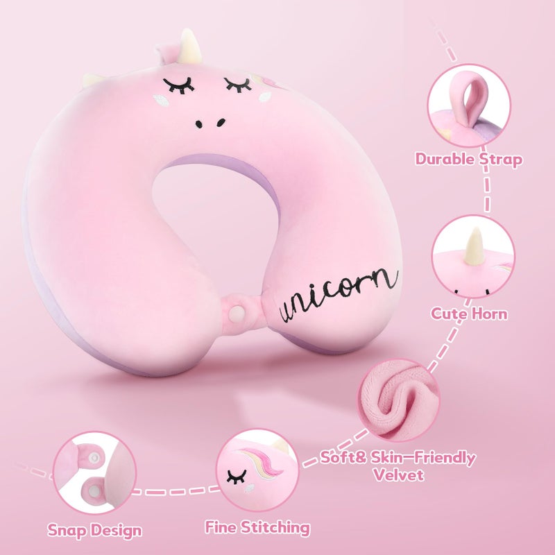OBloved Kids Neck Pillow, Unicorn Kids Travel Neck Pillow for Traveling with Eye Mask, Toddler Travel Essentials for Road Trip Airplane Car Seat, Cute Headrest Memory Foam Pillows for Girl Gift (Pink) - Image 2